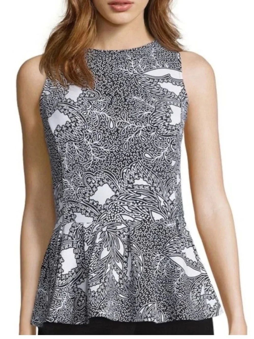 Worthington Monochrome Floral Sleeveless Peplum Ruffle Top Shirt size M